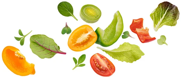 Falling Vegetables Fresh Salad Bell Pepper Tomato Lettuce Leaves Healthy — Stock Photo, Image