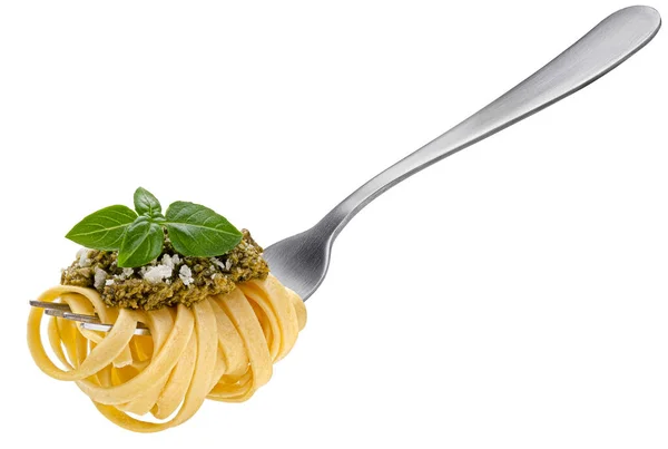 Fettuccine Alla Forchetta Spaghetti Italiani Pesto Parmigiano Basilico Isolati Fondo — Foto Stock