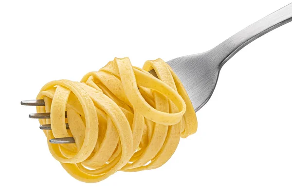 Fettuccine Sobre Tenedor Espaguetis Italianos Aislados Sobre Fondo Blanco Profundidad —  Fotos de Stock