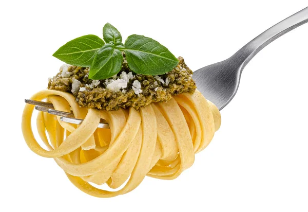 Fettuccine Tenedor Espaguetis Italianos Con Salsa Pesto Parmesano Albahaca Aislados —  Fotos de Stock