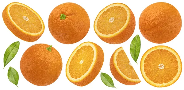 Narancs Gyümölcs Levelek Elszigetelt Fehér Alapon Nyírás Útvonal Gyűjtemény — Stock Fotó