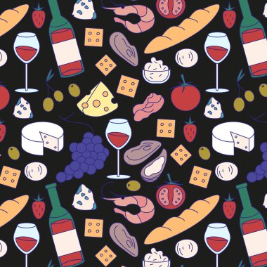 Kırmızı şarap ve aperatiflerin kusursuz deseni. Bir şişe kırmızı şarap, zeytin, camembert, peynir, çilek, üzüm, istiridye, karides, kraker, baget, domates, prosciutto