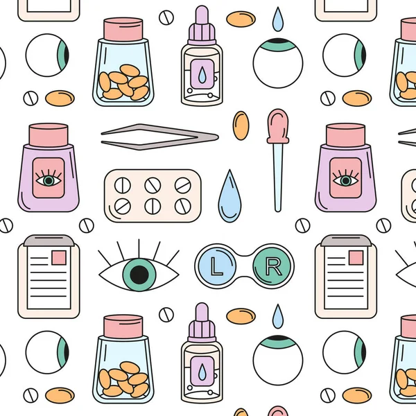 Göz damlası, göz damlası, hap, cımbız, lens kutusu, hap şişesi, pipet, pano gibi renkli göz bilimi simgelerinin kusursuz deseni