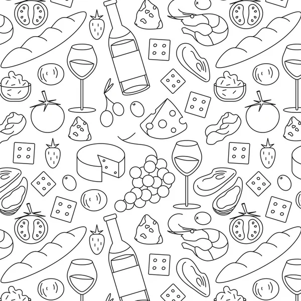 Seamless pattern of red wine and snacks outline. Bottle of red wine, olives, camembert, cheese, strawberry, grape, oyster, shrimp, crackers, baguette, tomato, prosciutto