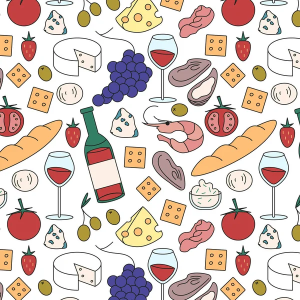Seamless pattern of red wine and snacks. Bottle of red wine,olives, camembert, cheese, strawberry, grape, oyster, shrimp, crackers, baguette, tomato, prosciutto