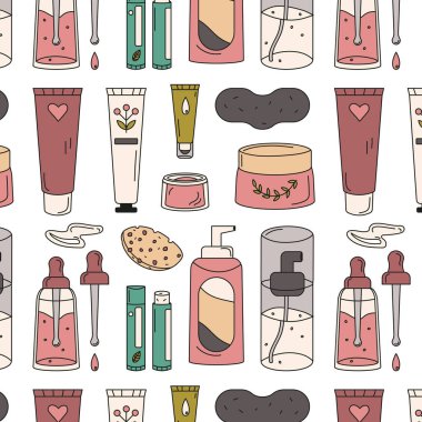 Serum, dudak kremi, nemlendirici el kremi, yüz kremi, göz kremi, burun bandı, temizleyici, sünger gibi yüz bakım ürünlerinin el çizimleri ile kusursuz desen.