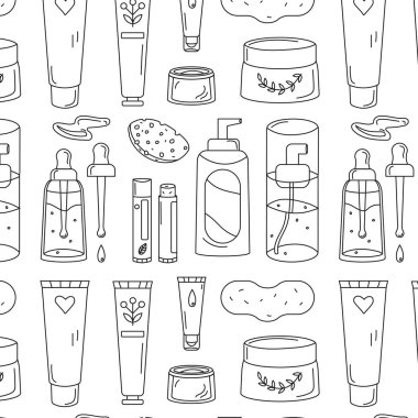 Serum, dudak kremi, nemlendirici el kremi, yüz kremi, göz kremi, burun bandı, temizleyici, sünger gibi yüz bakım ürünlerinin el çizimleri ile kusursuz desen ana hatları.