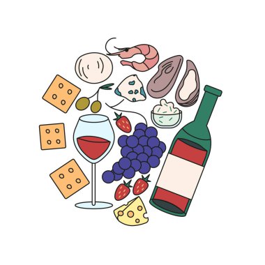 Elle çizilmiş kırmızı şarap ve atıştırmalıklar. Bir şişe kırmızı şarap, zeytin, peynir, çilek, üzüm, istiridye, karides, kraker, daire şeklinde mavi peynir.