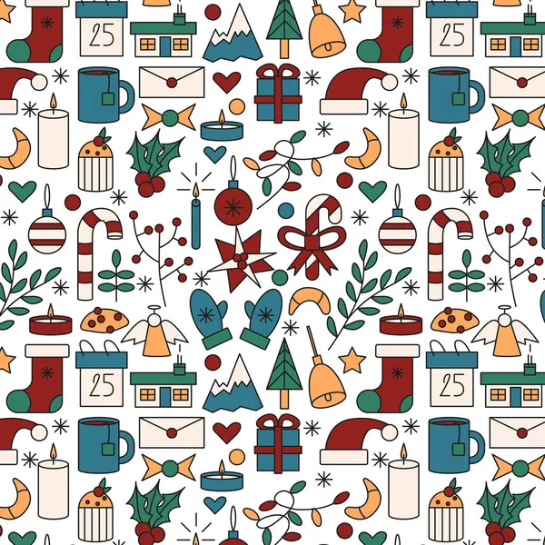 Modèle Sans Couture Noël Coloré Bonbons Canne Étoile Pin Maison — Image vectorielle