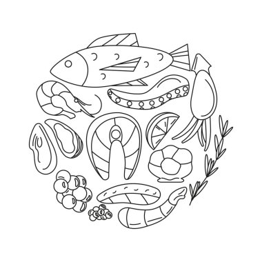 El çizimi deniz ürünleri ana hatları daire şeklinde elementler. Somon balığı, somon bifteği ve fileto, karides, istiridye, mürekkep balığı, ahtapot dokunaçı, kırmızı ve siyah havyar, limon. izole vektör