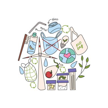 Ekoloji konsepti. Elle çizilmiş ekolojik elementler daire şeklinde. Eko torba, naylon poşet, plastik torba, eko fırça, metal saman, geri dönüşüm, bitki, kalbi olan dünya, rüzgar türbini. izole vektör