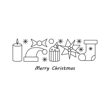 Harfleri ve ana hatları olan noel posterini çiz, mum, şeker, pasta, Noel çorabı, bitki, Noel Baba şapkası, noktalı yıldız, kalp, kar taneleri
