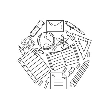Ofis malzemeleri konsepti. El çizimi durağan ana hatları dairesel bileşimlerle çizdi. Küre, zarf, kağıt iğne, not, ok, kalem, kitap, kalem, test tüpü. izole vektör