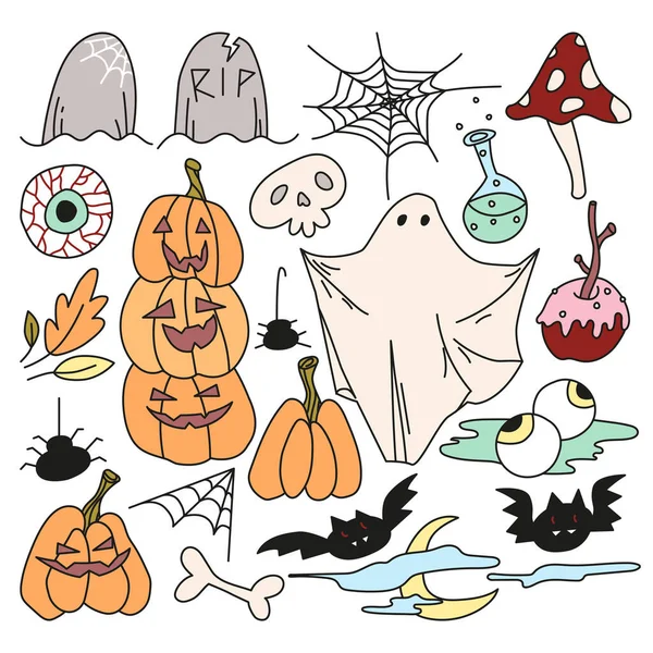 Concept Halloween Jeu Dessiné Main Éléments Halloween Doodle Chauve Souris — Image vectorielle