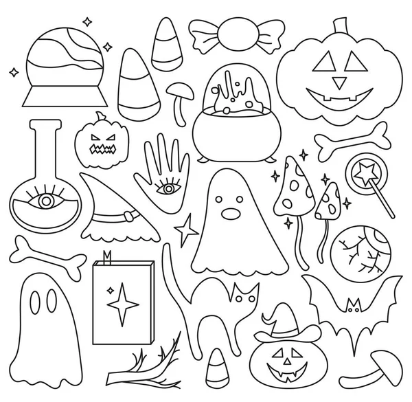 Jeu Dessiné Main Des Éléments Halloween Doodle Contour Bonbons Maïs — Image vectorielle