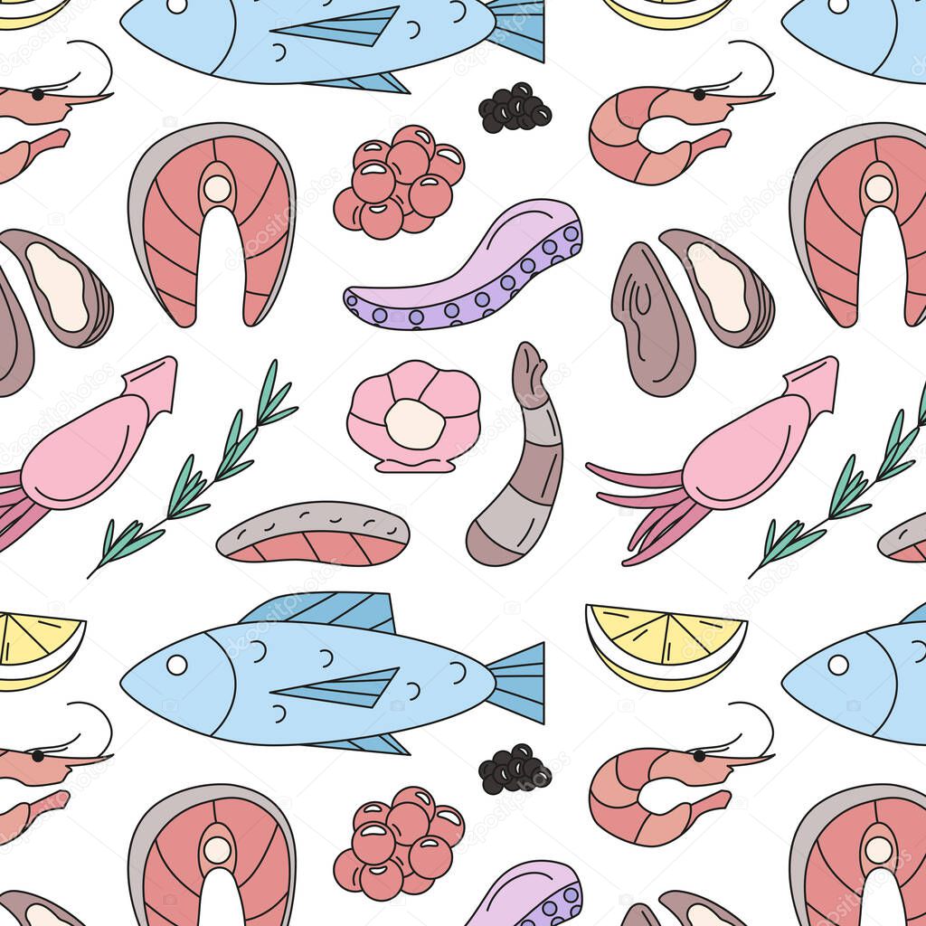 fresh seafood. seamless pattern with colored doodle elements, salmon steak and fillet, octopus, shrimp, oyster, lemon, rosemary, mollusk