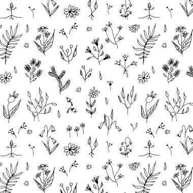 El çizimi kusursuz desen ana hatlarıyla bahar ve yaz soyut bitkiler ve çiçekler.