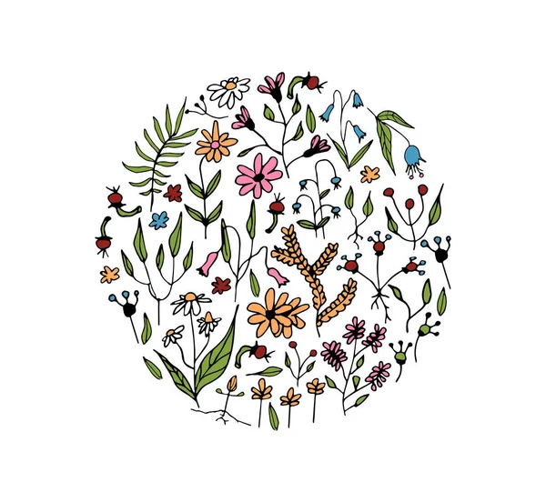 Garabato Dibujado Mano Flores Abstractas Primavera Composición Del Círculo — Archivo Imágenes Vectoriales