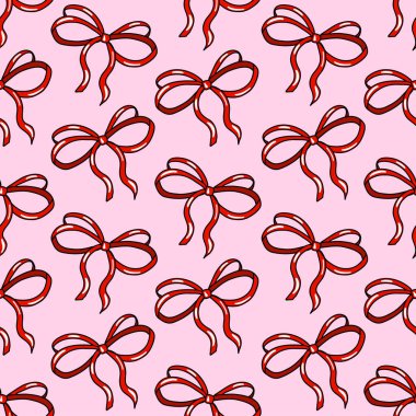 Güzel el çizimi kırmızı fiyonklu, pürüzsüz bir desen..
