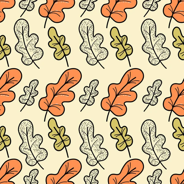 Naadloze vector patroon met oranje en groene bladeren in doodle stijl op gele pastel achtergrond. — Stockvector