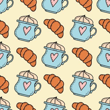 Sevimli kahve fincanları ve kruvasan çizimleriyle kusursuz vektör deseni. Eğlenceli kalpli çizimler.