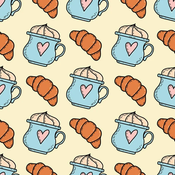 Sevimli kahve fincanları ve kruvasan çizimleriyle kusursuz vektör deseni. Eğlenceli kalpli çizimler.