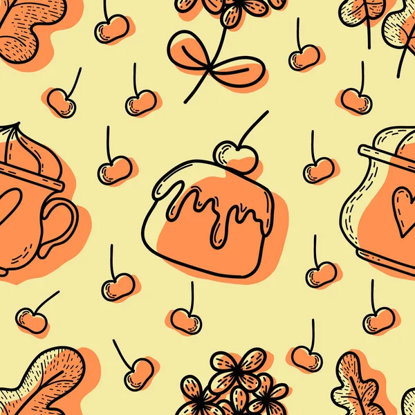 Kek kiraz seamless modeli ile. Pasta tatlı tatlı tatil için. Vektör çizim