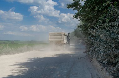 Endüstriyel çöp kamyonu, taşların taşınması, tozlu yolda yolculuk. Yapraklar. Kariyer işi