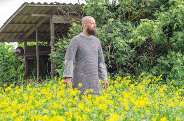 Metal zırhlı cesur savaşçı yeşil çalıların arkasında sarı çiçeklerin ortasında kılıçla. Yan görünüm.