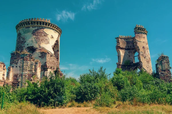 Paisaje Antiguo Con Torres Arruinadas Arbustos Verdes Fondo Cielo Azul — Foto de Stock