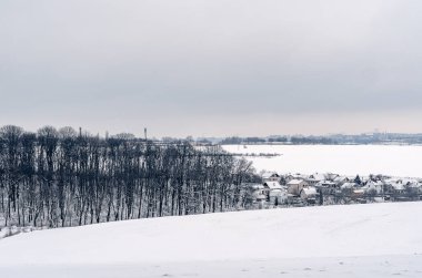 Kasvetli kış kırsal arazisi. Kar tarlası, ufukta evler. Yapraksız orman.