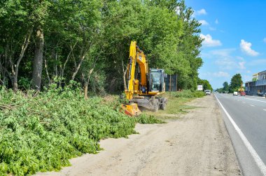 Mulcher yol kenarındaki bitkileri temizliyor. Yol çalışmaları.