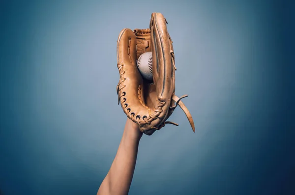 Mano Guanto Baseball Pelle Preso Una Palla — Foto Stock