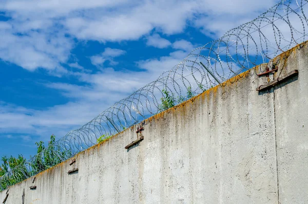 Bottom View Barbed Wire High Wall Protection Important Object Concrete — Photo