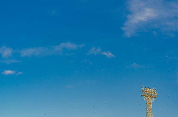Kék Felhőkkel Városban Egy Csapat Madár Reflektorfényben Madarak Levegőben — Stock Fotó