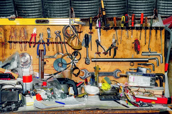Workshop Tools Collection Various Repair Tools Hanging Wall Desktop — Fotografia de Stock