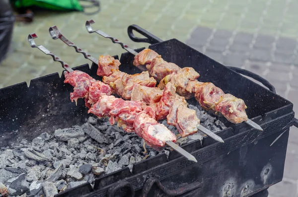 Cooking Kebabs Fire Close Appetizing Kebabs Meat Skewer Barbecue Charcoal — Stock Fotó