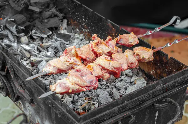 Appetizing Kebabs Meat Skewer Cooking Kebabs Fire — Stock Fotó