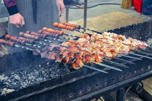 Skewers Meat Coals Cooking Kebabs Appetizing Delicious Food — Stock Fotó