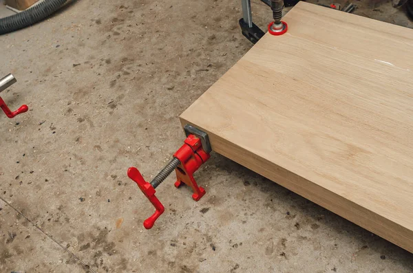 Wooden Board Carpentry Workshop Joiner Clamp Wood Shavings Sawdust —  Fotos de Stock