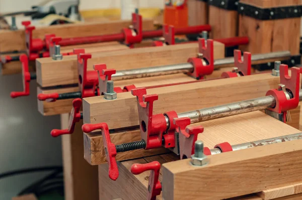Wooden Boards Clips Joinery Production Woodworking Workshop — Fotografia de Stock