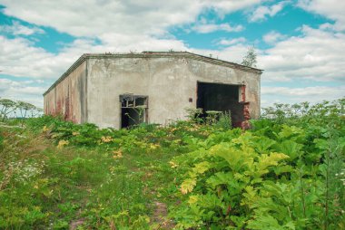 Terk edilmiş garaj evi otlarla kaplı bir tarlanın ortasında duruyor.
