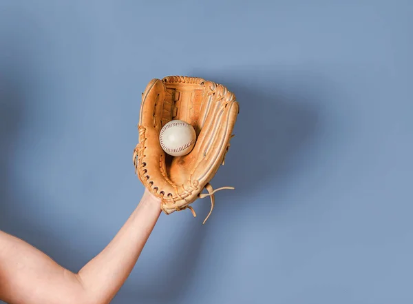 Mano Guanto Baseball Pelle Preso Una Palla — Foto Stock