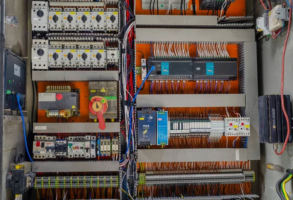 Electrical control panel. Shield, control of industrial equipment. Wires, connections, switches