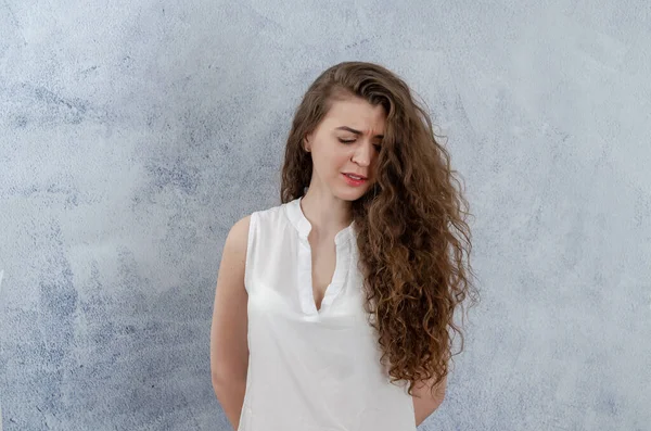 Sad Young Woman Girl White Blouse Long Curly Dark Hair — Stock Fotó