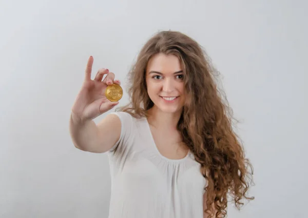 Young Teenage Girl Student White Blouse Hold Bitcoin Isolated White — Φωτογραφία Αρχείου