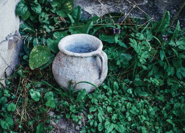 Top view of  ancient jug in grass. An old vessel near house. Rural landscape.