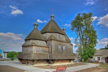 Ancient wooden church, ancient Ukrainian religious architecture. Skoriki village, Ukraine.