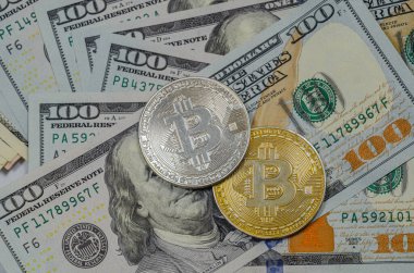 Gold and silver Bitcoin coins on American paper dollar bills.