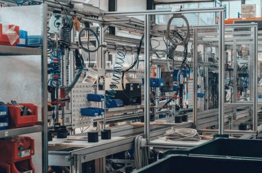Automated production line at factory. Wires, cables.